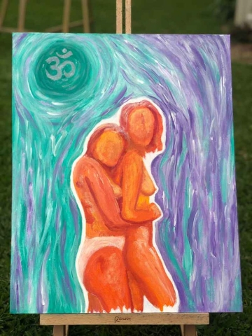 held - an acrylic painting of two women, one holding the other with the Om symbol (universal vibration) over the moon